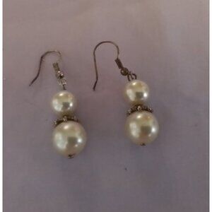 Vintage Faux Pearl Dangle Earrings With Silver Tone Accents